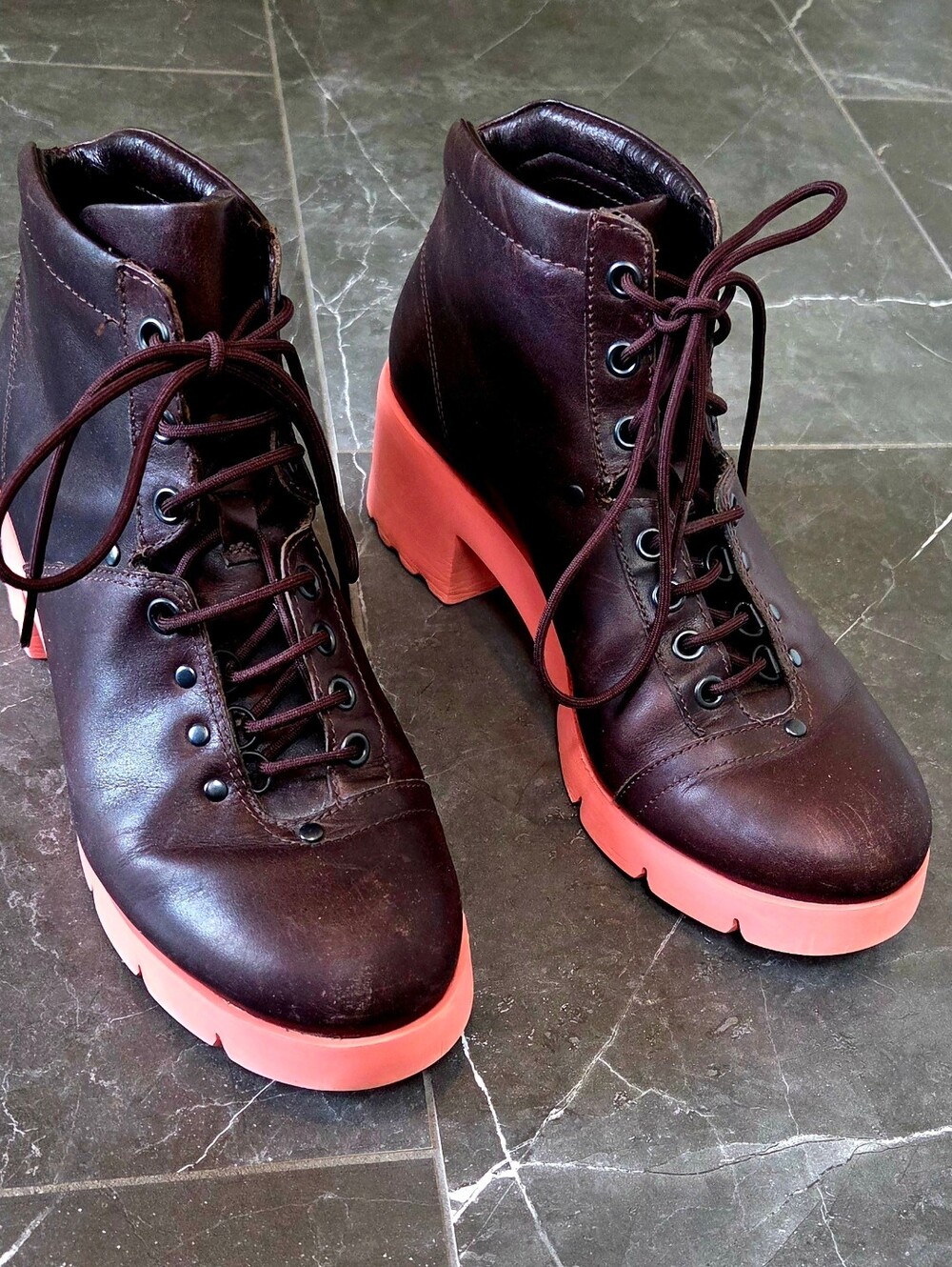 Camper Wanda Dark Brown Lace-Up Ankle Boots with Orange Platform Sole